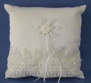 Wedding Ring Bearer Pillow White Lace Pearls Sequins  