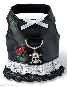   Leather Biker Dog HARNESS lace Dress w Skull & cross bone charm  