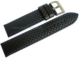    Roma Carbon Fiber Black / Blue Leather Mens Watch Band Strap  