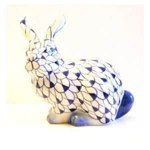 Blue & White Porcelain Bunny with Raised Ears Figurine  