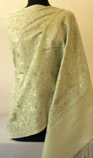 Crewel Embroidery, Pale Green on Pale Green, Wool Shawl  