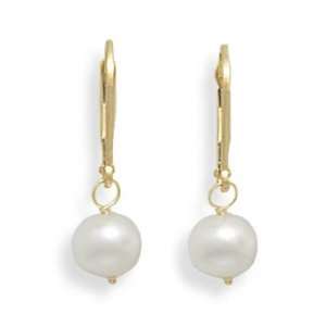 CleverSilvers 6.57mm Freshwater Pearl Drop Earrings With Yellow Gold 