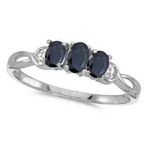 Oval Blue Sapphire and Diamond Three Stone Ring 14k White Gold (0.65ct 