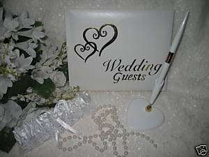 Gold Hearts Wedding Guest Book,Pen & Garter 4 Psc Set  