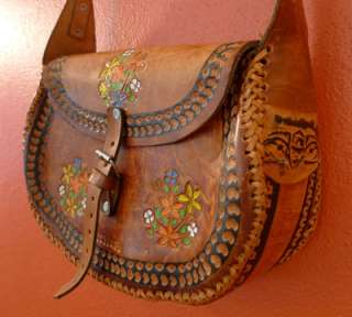 vtg 70s HAND TOOLED Leather Painted FLOWER brown Hippie MEXICO 