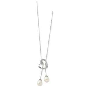  Ster. Silver Cult. Pearl CZ Heart Lariat Necklace   18 
