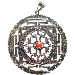  Mandala Pendant with Central Coral   Sterling Silver 