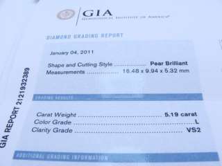GIA Certified 5.19 Carat pear shape L vs 2 Ladies Platinum Diamond 