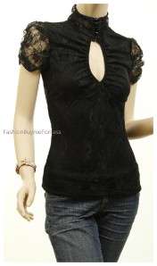 Sele Victorian Gothic Black Lace Eye Peep Cinched Sleeve Blouse Shirt 
