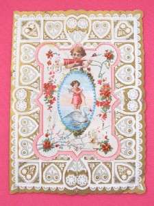 Vintage Victorian Valentine Card Gold & White Hearts Embossed Paper 4 