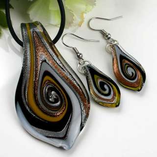 Black Swirl Lampwork Glass Leaf Pendant Earrings 1 Set  