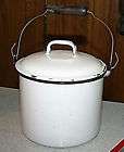   Enamelware Childs Lunch Box Pail Bucket   Lid, Wire Bail, Wood Handle