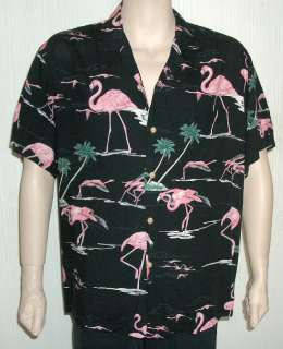Vtg Paradise Found Hawaiian Aloha Shirt Black Pink Flamingo 