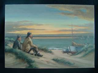 Old NAUTICAL ShoreScape FIGURAL Fishing Boat PAINTING  