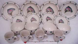   RAINBOW TROUT LURES STONEWARE SCOTTY Z SET 4 DISHES PLATES CUPS BOWLS