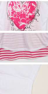   Casual Womens heart shaped love T shirt stripe Blouse Batwing Loose