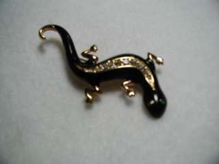 1992 Signed AVON Black Enamel & Rhinestone Salamander Lizard Pin 