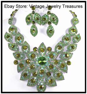 Glam Rhinestone Bib Necklace & Earrings Olivine Green Aqua Blue 