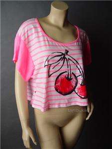 NEON Pink Cherry Fruit Print Stripe Cropped Top Shirt L  