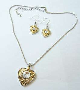 Gold tone Rhinestone Heart Necklace & Earring Set  