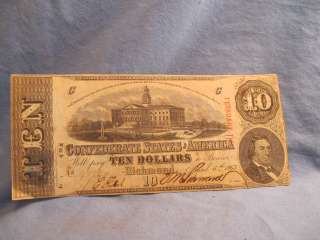 1863 Ten Dollar $10 Bill Confederate States Obsolete Currency Note 