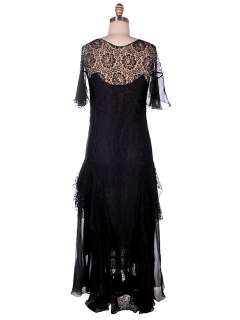Vintage Black Lace & Chiffon Bias Cut Evening Gown 1930s Small 34 30 