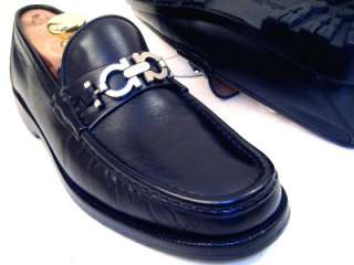   Ferragamo Mens Black Dress Shoes Silver Gancini Bit Loafers 7.5 D