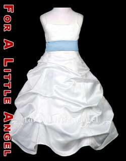 WHITE SATIN FLOWER GIRL DRESS w SKY BLUE SASH size 8  