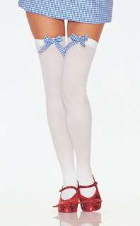 Quality opaque white thigh high stockings with blue/white gingham bow 