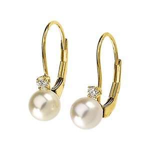    14K Yellow Gold Diamond Akoya Pearl Leverback Earrings Jewelry