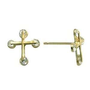  14K Yellow Gold Zirconia Cross Stud Earrings Jewelry