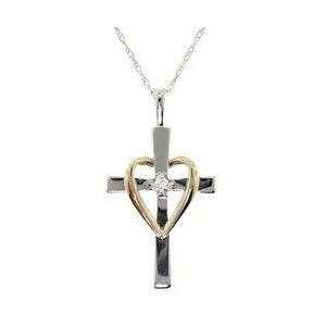  Diamond 10K Two Tone Gold Heart and Cross Pendant Necklace 