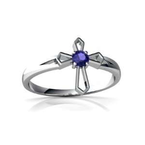  14K White Gold Round Created Sapphire Cross Ring Size 7 Jewelry
