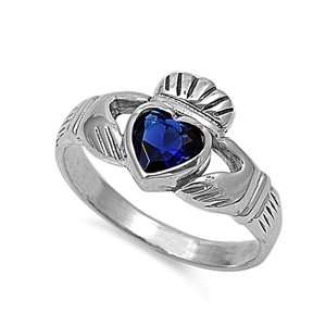  Rhodium Plated Sterling Silver 12mm Claddagh Blue Sapphire 