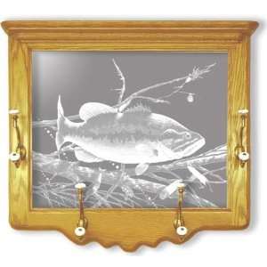 Etched Mirror Single Bass Fishing Art in Oak Wall Hanging Coat Rack 
