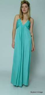 vtg 70s blue HALTER maxi dress tall skinny prom gown S  
