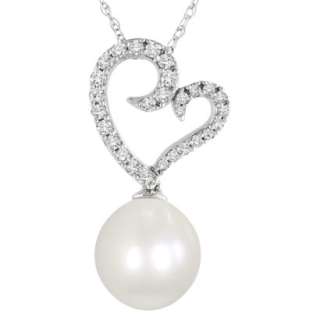 10k White Gold Diamond and Freshwater Pearl Pendant with Chain