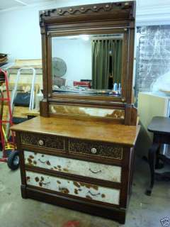 Antique Dresser with Mirror Western Rustic Cowhide  
