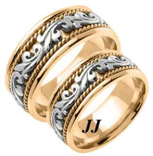PAISLEY HIS AND HERS WEDDING GOLD BANDS RINGS SET 14K TWO TONE TT 
