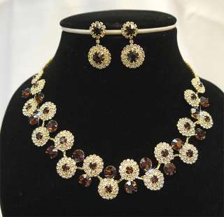 Set Wedding Bridal Bridesmaids Crystal Golden Necklace Earrings Set 