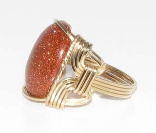 Sparkling Brown Goldstone Cabochon Ring 14K Rolled Gold  