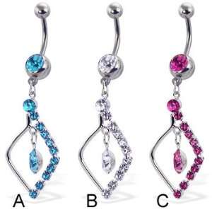  Belly button ring with jeweled diamond shaped charm, pink 