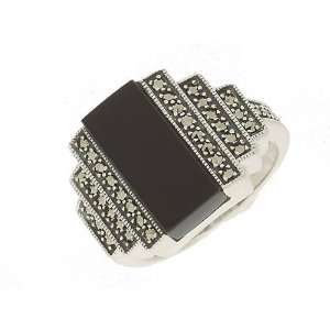  Silver Black Onyx & Marcasite Ring Size 6 Jewelry