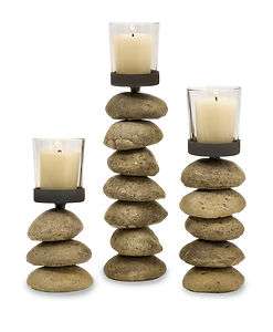   Rustic Chic Stacked Rock Stone Candle Holders w/ Glass Hurricanes