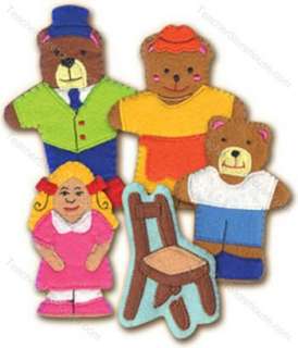GOLDILOCKS & THE THREE BEARS ~embroidered felt 5 pc puppet set w/story 