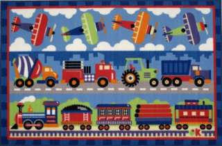 Colorful Trains Planes and Trucks Kids Nylon Area Rug  