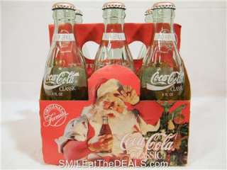 COCA COLA CHRISTMAS BOTTLES 1991 GLASS COKE 6 PACK w/ CARRIER  