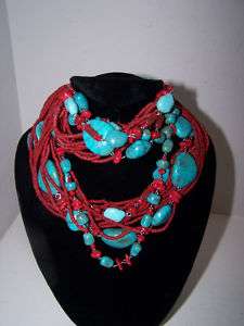 LARGE CHUNKY FAUX TURQUOISE & CORAL NECKLACE & BRACELET  