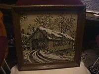 framed fabric scene of covered bridge oak frame  