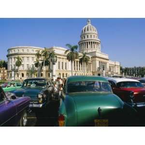 Old 1950s American Cars Outside El Capitolio Building, Havana, Cuba 